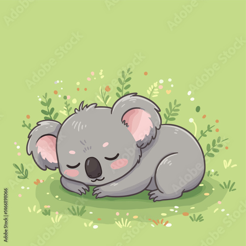 Cute koala sleeping peacefully on green grass with small flowers