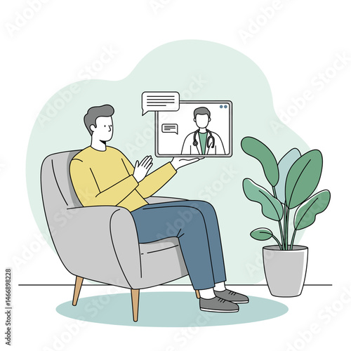 Man in armchair having video call with doctor on tablet, telemedicine