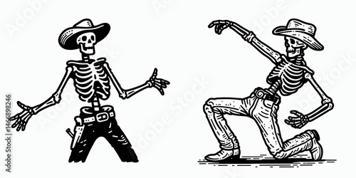 Skeleton as Cowboy Stretching arms. Western Outline Clipart ink line art doodle vector illustration. Bony rancher reaching out skeletal figure doing limbering motion.