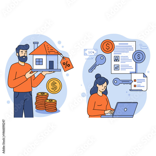 Real estate concepts man with house model woman at laptop