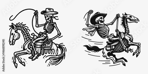 Skeleton as Cowboy Swinging from saddle. Western Outline Clipart ink line art doodle vector illustration. Bony rancher dangling riding gear rodeo stunt theme spectral figure.