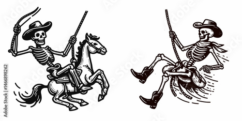 Skeleton as Cowboy Swinging from saddle. Western Outline Clipart ink line art doodle vector illustration. Bony rancher airborne dangling equine gear a wild west gothic concept.