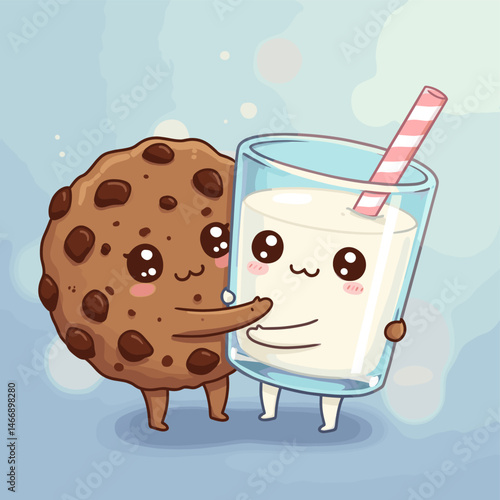 Cute chocolate chip cookie character hugging a glass of milk with straw