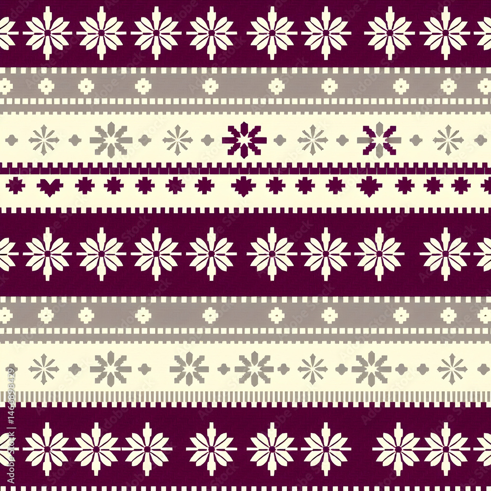 Elegant Fair Isle snowflake plum and cream winter knit pattern. Elegant Fair Isle snowflake plum and cream winter knit pattern.