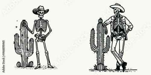 Skeleton as Cowboy Standing with cactus. Western Outline Clipart ink line art doodle vector illustration. Bony rancher figure posed near prickly desert plant theme.