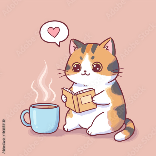 Calico Cat Reading Book with Steaming Mug, Cozy Cartoon Scene