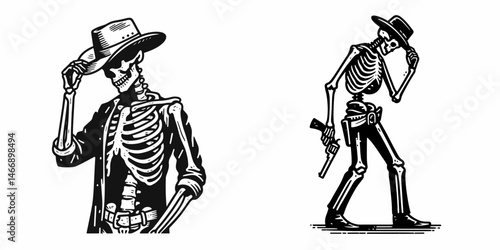 Skeleton as Cowboy Standing in silhouette. Western Outline Clipart ink line art doodle vector illustration. Skeletal gunslinger figure dark character vista.