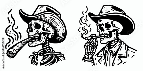 Skeleton as Cowboy Spitting tobacco. Western Outline Clipart ink line art doodle vector illustration. Bony rancher expectorating chew spectral figure with rustic habit.