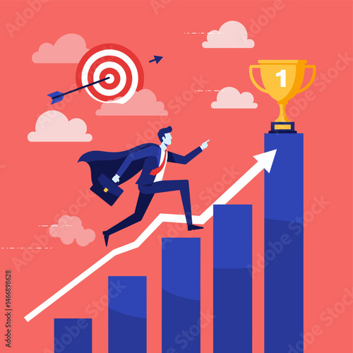 Businessman superhero runs up graph to target and trophy