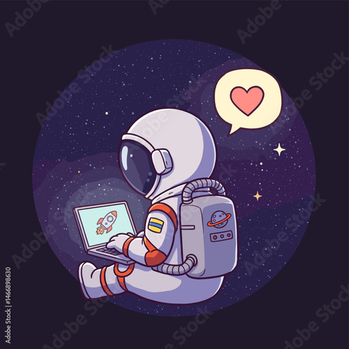 Astronaut using laptop in space online love connection chat