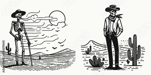 Skeleton as Cowboy Standing in desert wind. Western Outline Clipart ink line art doodle vector illustration. Bony figure amidst arid gale lone sentinel wild terrain.