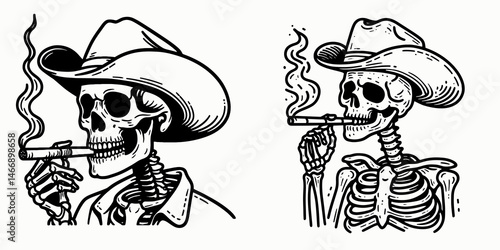 Skeleton as Cowboy Spitting tobacco. Western Outline Clipart ink line art doodle vector illustration. Bony gunslinger expectorating chew undead figure chewing wad.