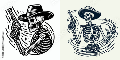 Skeleton as Cowboy Spinning revolver. Western Outline Clipart ink line art doodle vector illustration. Skeletal gunslinger twirling firearm fantasy figure undead outlaw.