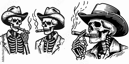 Skeleton as Cowboy Smoking a cigar. Western Outline Clipart ink line art doodle vector illustration. Bony gunslinger inhaling cheroot theme vintage deadlands icon.