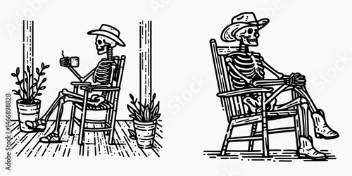 Skeleton as Cowboy Sitting on porch chair. Western Outline Clipart ink line art doodle vector illustration. Bony outlaw chilling veranda seat phantom enjoying front deck.