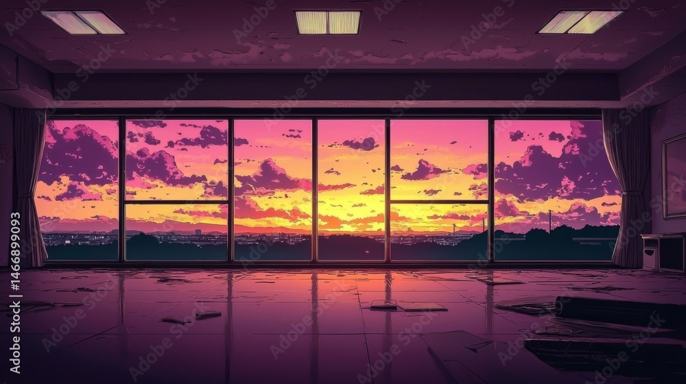 Fototapeta premium Empty space illuminated by abstract pink clouds.