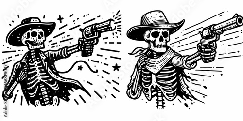 Skeleton as Cowboy Shooting into air. Western Outline Clipart ink line art doodle vector illustration. Bony gunslinger lifting firearm skyward undead figure discharging weapon.