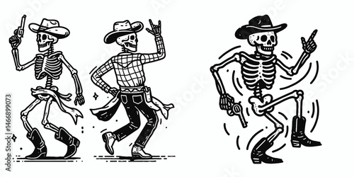 Skeleton as Cowboy Saloon dancing. Western Outline Clipart ink line art doodle vector illustration. Skeletal figure amid tavern line-dancing rustic theme phantom jig.