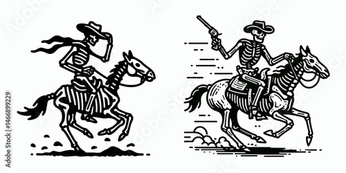 Skeleton as Cowboy Riding into town. Western Outline Clipart ink line art doodle vector illustration. Bony gunslinger astride steed ventures toward settlement apparition.