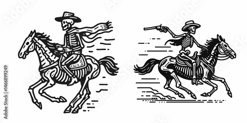 Skeleton as Cowboy Riding a horse. Western Outline Clipart ink line art doodle vector illustration. Bony equestrian undead astride mount ranch theme rural concept.