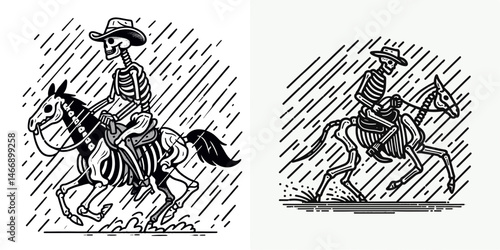 Skeleton as Cowboy Riding in rain. Western Outline Clipart ink line art doodle vector illustration. Bony horseman journeys onward during inclement weather skeletal figure.