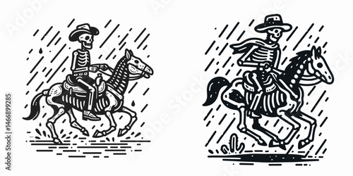 Skeleton as Cowboy Riding in rain. Western Outline Clipart ink line art doodle vector illustration. Bony cowhand astride mount during downpour eerie phantom at gallop.