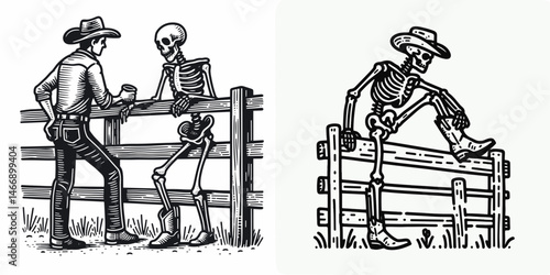 Skeleton as Cowboy Putting boot on fence. Western Outline Clipart ink line art doodle vector illustration. Bony rancher affixing footwear to barrier a spectral figure.