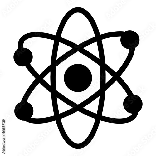 Black and white atom graphic symbol with orbiting electrons and nucleus