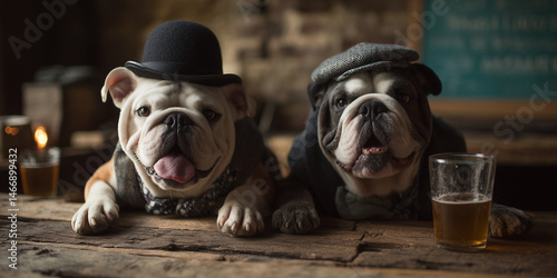 English bulldog sitting in a pub