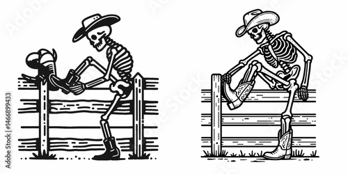 Skeleton as Cowboy Putting boot on fence. Western Outline Clipart ink line art doodle vector illustration. Bony gunslinger equipping footwear upon barrier folklore archetype.