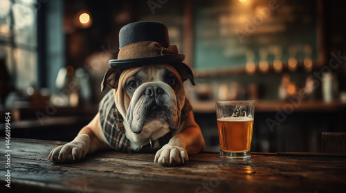 English bulldog sitting in a pub