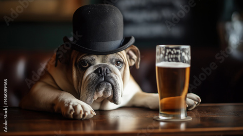 English bulldog sitting in a pub