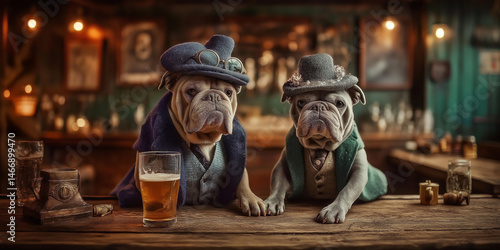 English bulldog sitting in a pub