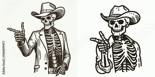 Skeleton as Cowboy Pointing finger. Western Outline Clipart ink line art doodle vector illustration. Bony figure in attire gesturing directing attention skeletal gunslinger.