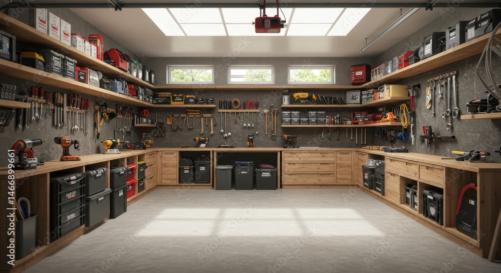 Organized Garage Workshop Space - A well-organized garage workshop with wooden shelving units filled with tools and equipment. Plenty of storage and workspace Organized Garage Workshop Space - A well-organized garage workshop with wooden shelving units filled with tools and equipment. Plenty of storage and workspace