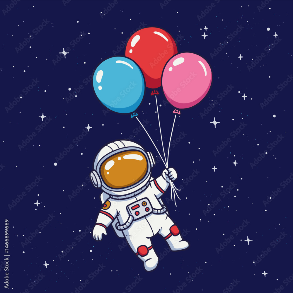 Cute astronaut floating in space holding three colorful balloons Cute astronaut floating in space holding three colorful balloons