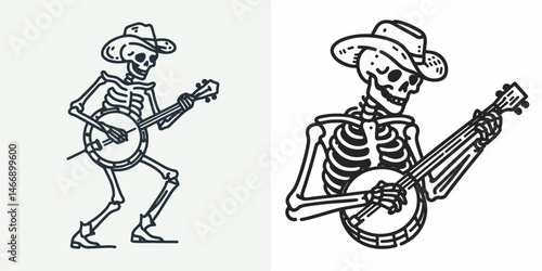 Skeleton as Cowboy Playing the banjo. Western Outline Clipart ink line art doodle vector illustration. Bony rancher strumming banjo bone character skull guitarist country vibe.