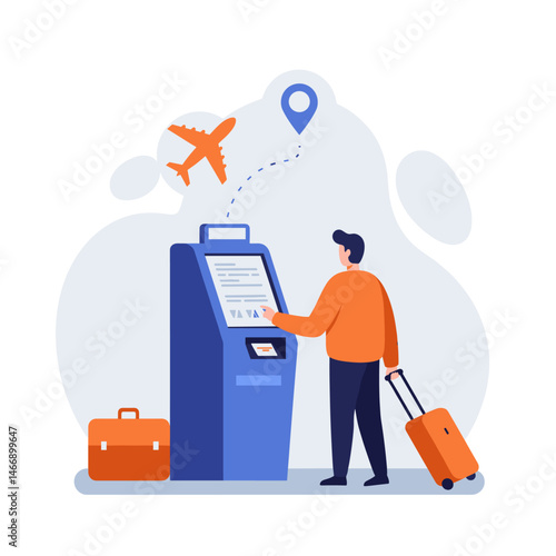 Man using airport self-service check-in kiosk with luggage, travel