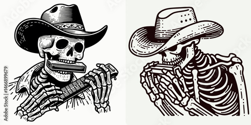 Skeleton as Cowboy Playing harmonica. Western Outline Clipart ink line art doodle vector illustration. Bony rancher striking harmonica a spectral musician melody theme.