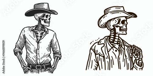 Skeleton as Cowboy Looking into distance. Western Outline Clipart ink line art doodle vector illustration. Bony gunslinger gazes afar spirit horizon view skeletal rider.