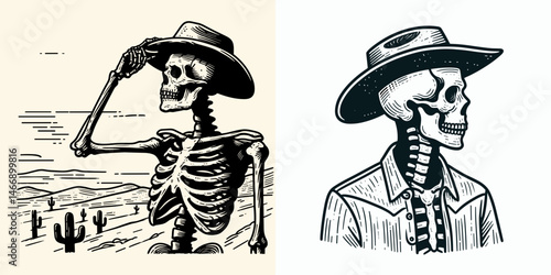 Skeleton as Cowboy Looking into distance. Western Outline Clipart ink line art doodle vector illustration. Bony gunslinger gazing afar horizon vintage apparition adventure theme.