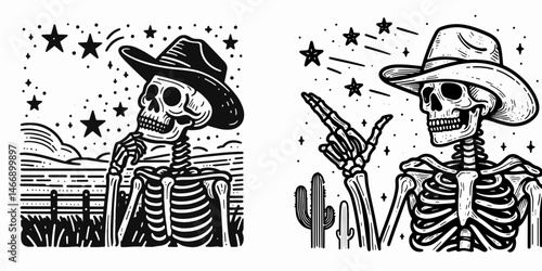 Skeleton as Cowboy Looking at stars. Western Outline Clipart ink line art doodle vector illustration. Bony gunslinger contemplates celestial bodies theme cosmos wonder.
