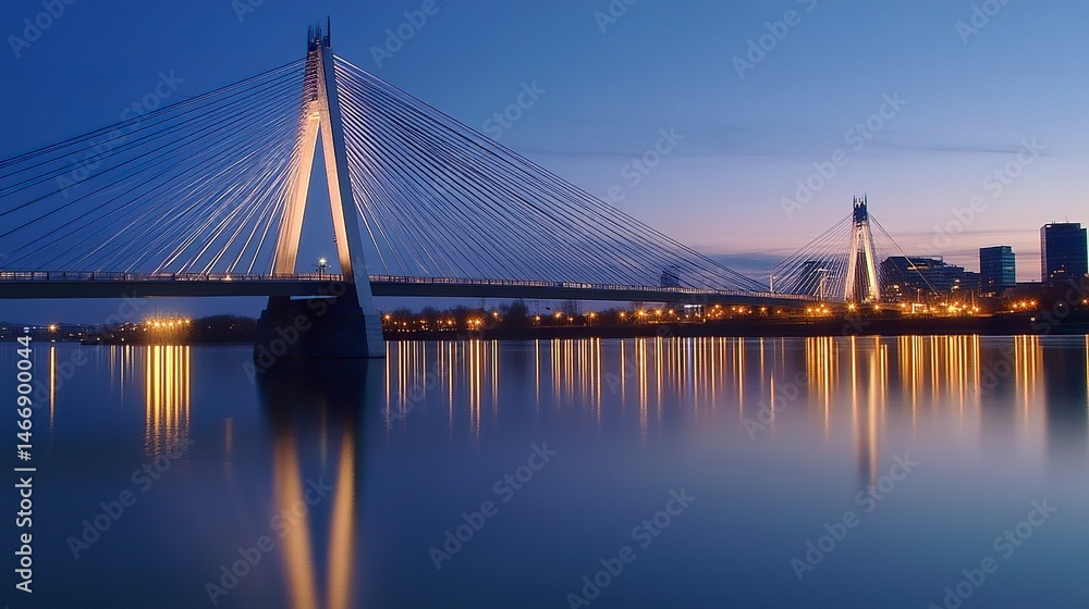 Naklejka premium A stunning suspension bridge lit by soft lights at dusk, its reflection shimmering on calm water, with a peaceful city skyline framing the view.