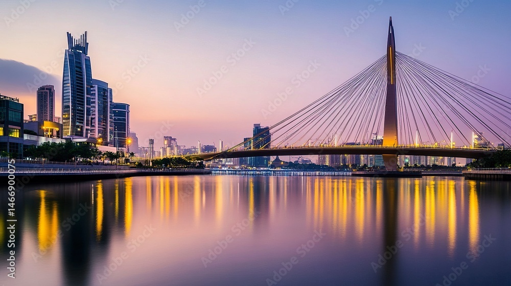 Naklejka premium A stunning suspension bridge lit by soft lights at dusk, its reflection shimmering on calm water, with a peaceful city skyline framing the view. 