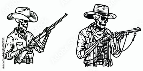 Skeleton as Cowboy Loading a rifle. Western Outline Clipart ink line art doodle vector illustration. Bony gunslinger prepares carbine undead in vintage scenery.