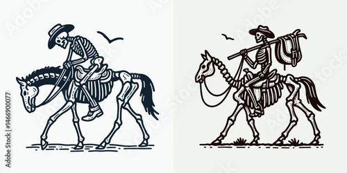 Skeleton as Cowboy Lifting saddle onto horse. Western Outline Clipart ink line art doodle vector illustration. Bony rider rancher hoisting gear atop equine bone imagery.