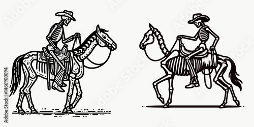 Skeleton as Cowboy Lifting saddle onto horse. Western Outline Clipart ink line art doodle vector illustration. Bony rancher hoisting riding gear mount an undead theme.