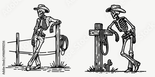 Skeleton as Cowboy Leaning on hitching post. Western Outline Clipart ink line art doodle vector illustration. Bony rancher posing at tether rail motif figure skeletal outlaw.
