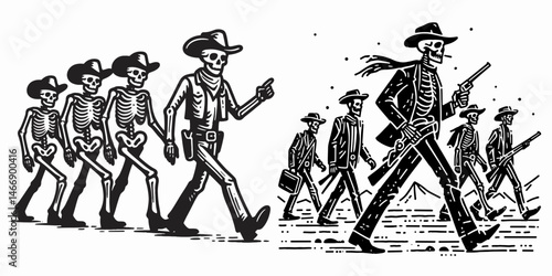 Skeleton as Cowboy Leading a group. Western Outline Clipart ink line art doodle vector illustration. Bony gunslinger guides band deadman commands posse.