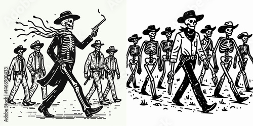 Skeleton as Cowboy Leading a group. Western Outline Clipart ink line art doodle vector illustration. Bony sheriff marshaling band undead figure guiding troop.